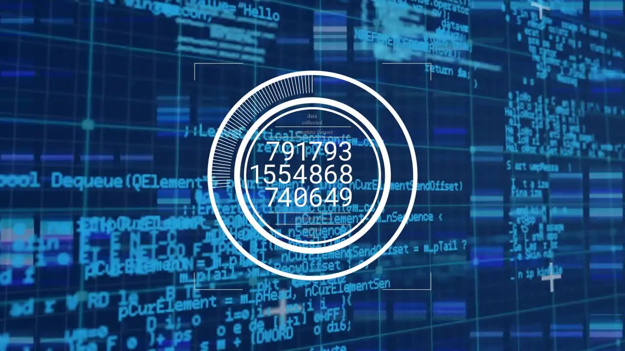 Animation of changing numbers in loading circles and computer language over abstract background