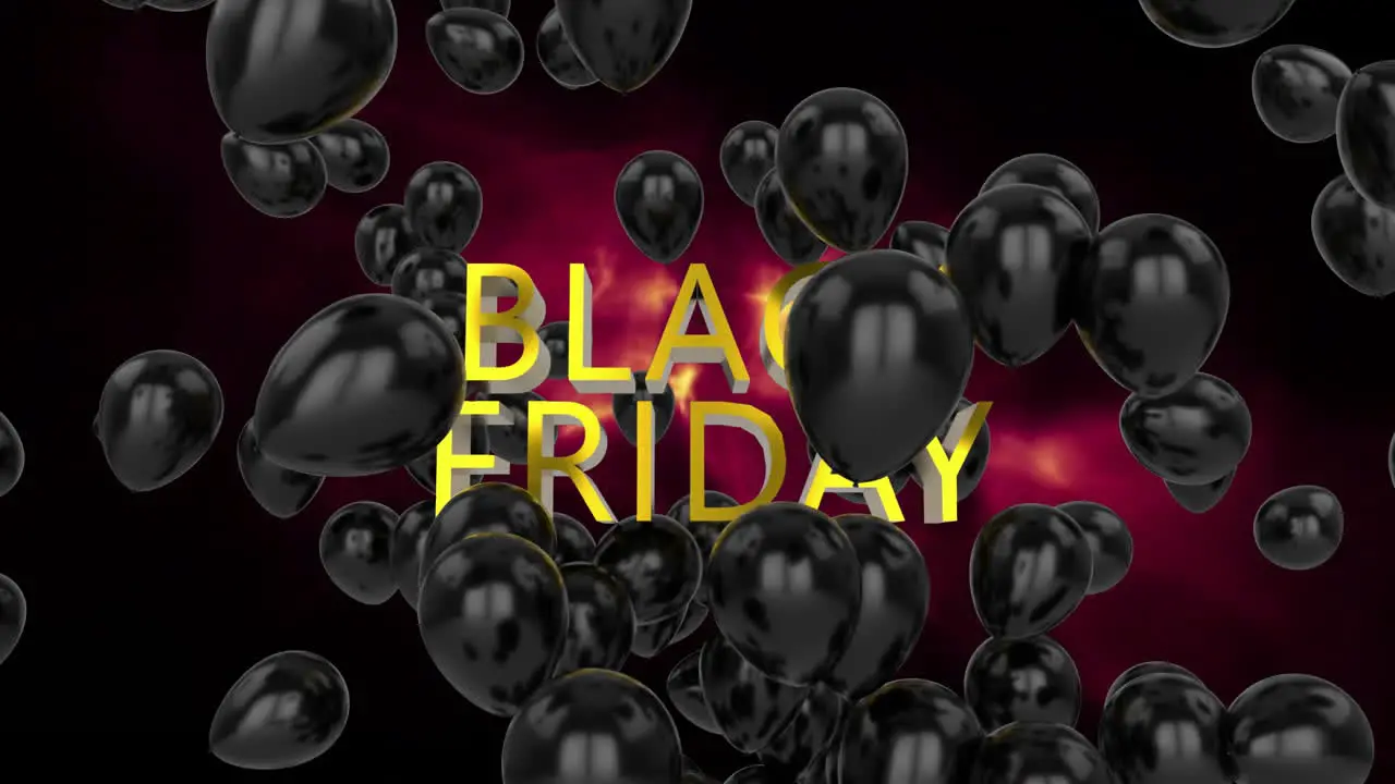 Animation of balloons over black friday text and illuminated abstract pattern on black background