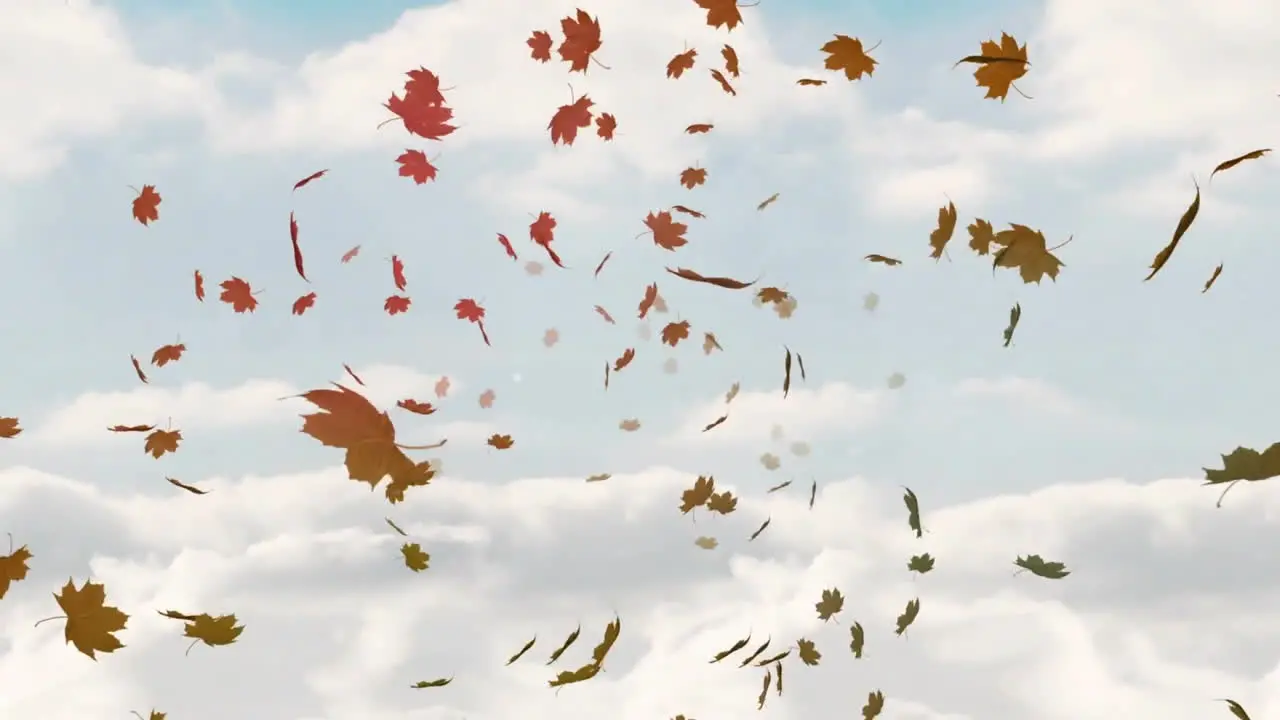 Animation of multiple leaves and dense clouds against blue background