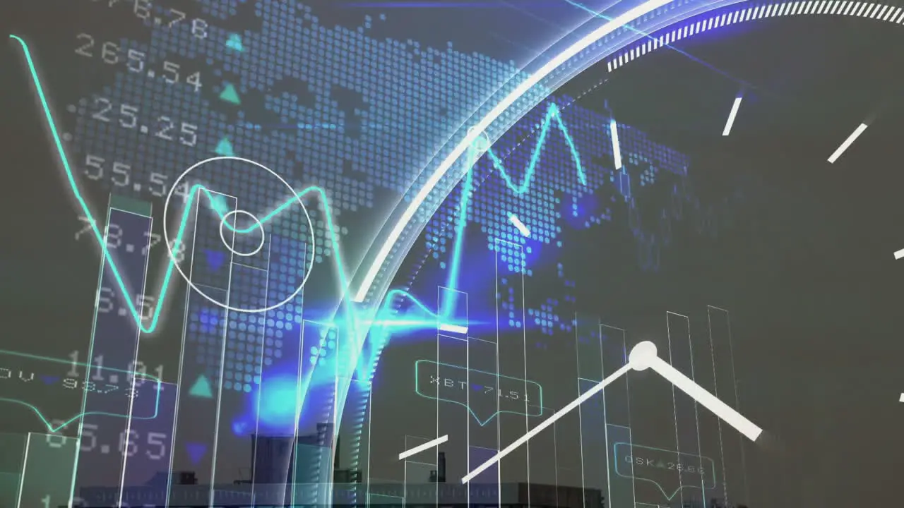 Animation of line graph with numbers and clock and map on abstract background