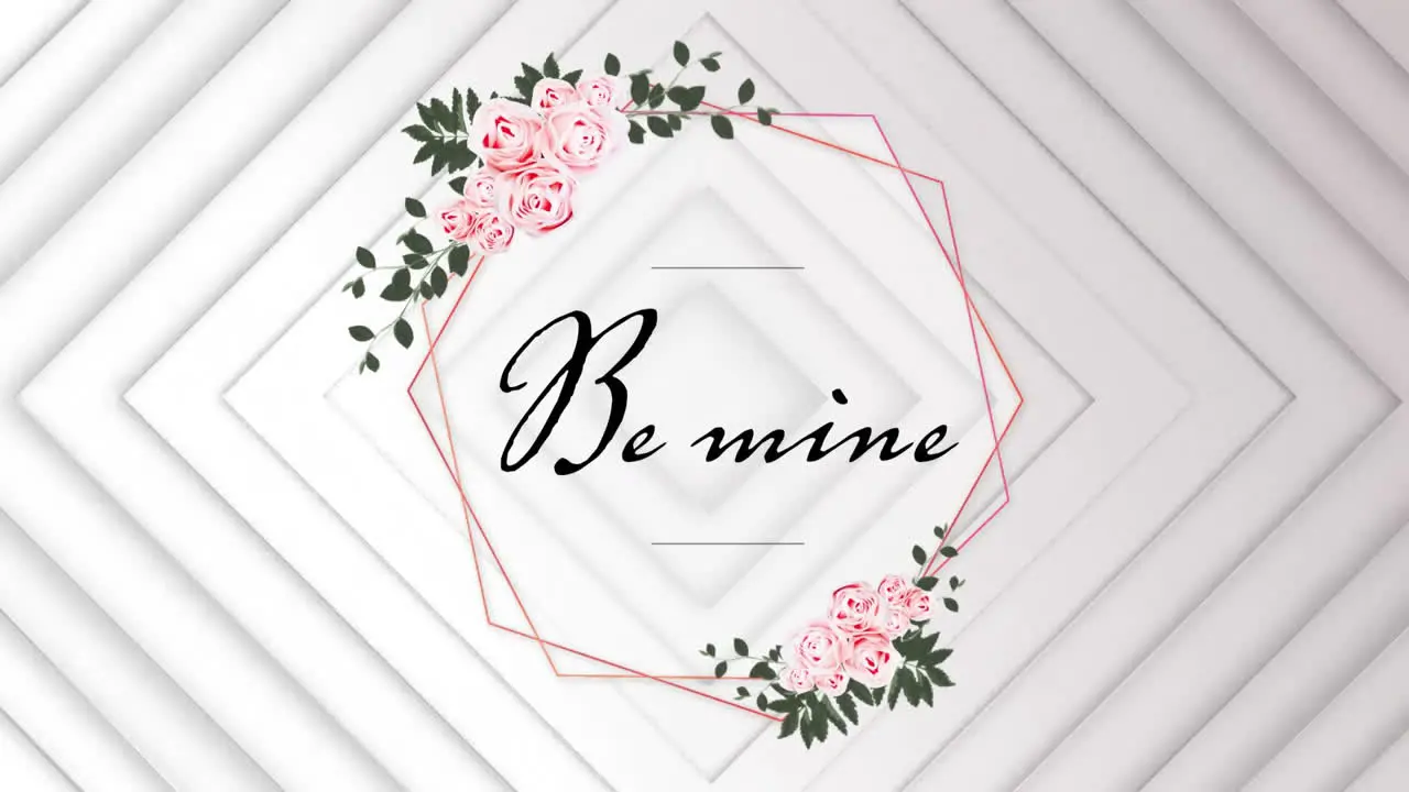 Animation of be mine text in hexagon shapes with floral patterns on white abstract background