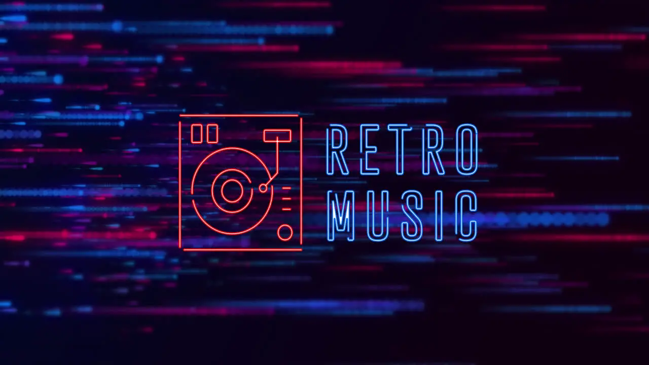 Animation of retro music text with music mixer over abstract pattern against black background