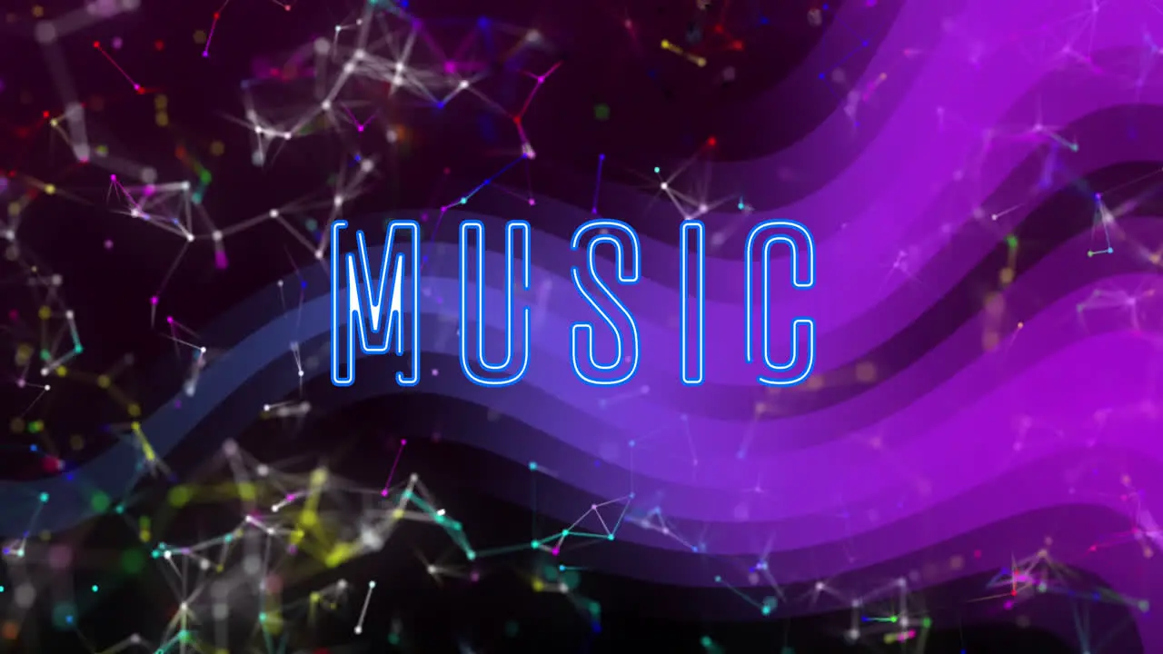 Animation of music text over wave pattern against connected dots on abstract background