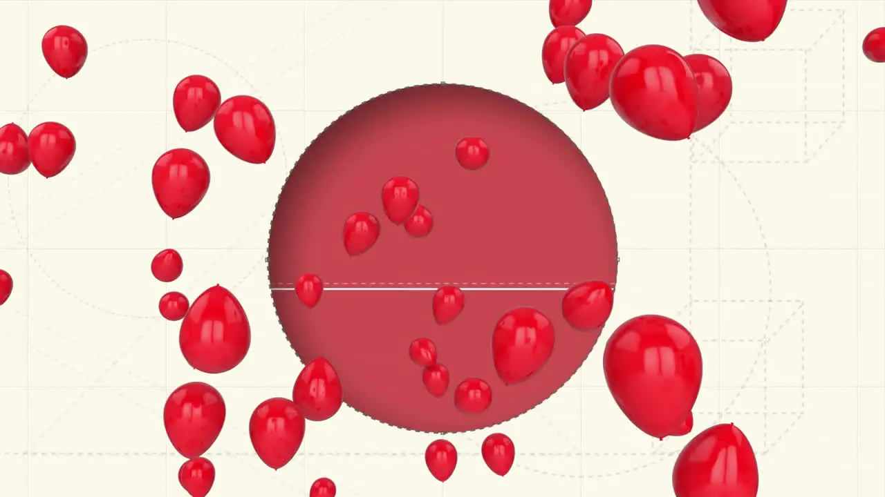 Animation of red balloons over moving slicer cutting circle against abstract background