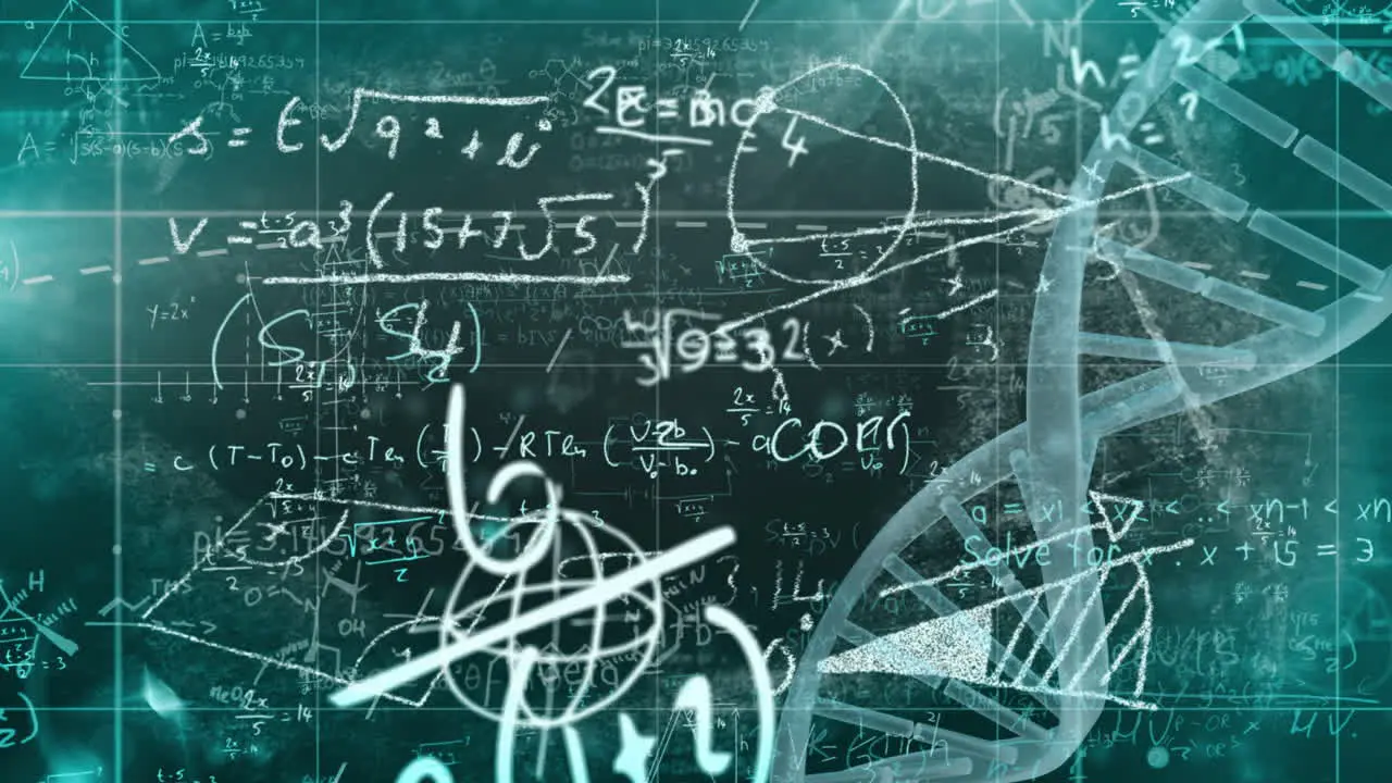 Animation of dna helix with mathematical equation and diagrams over abstract background