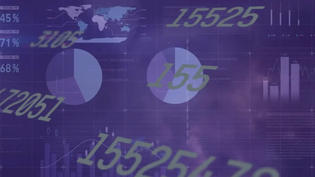 Animation of changing numbers infographic interface over thunderstorm in night sky