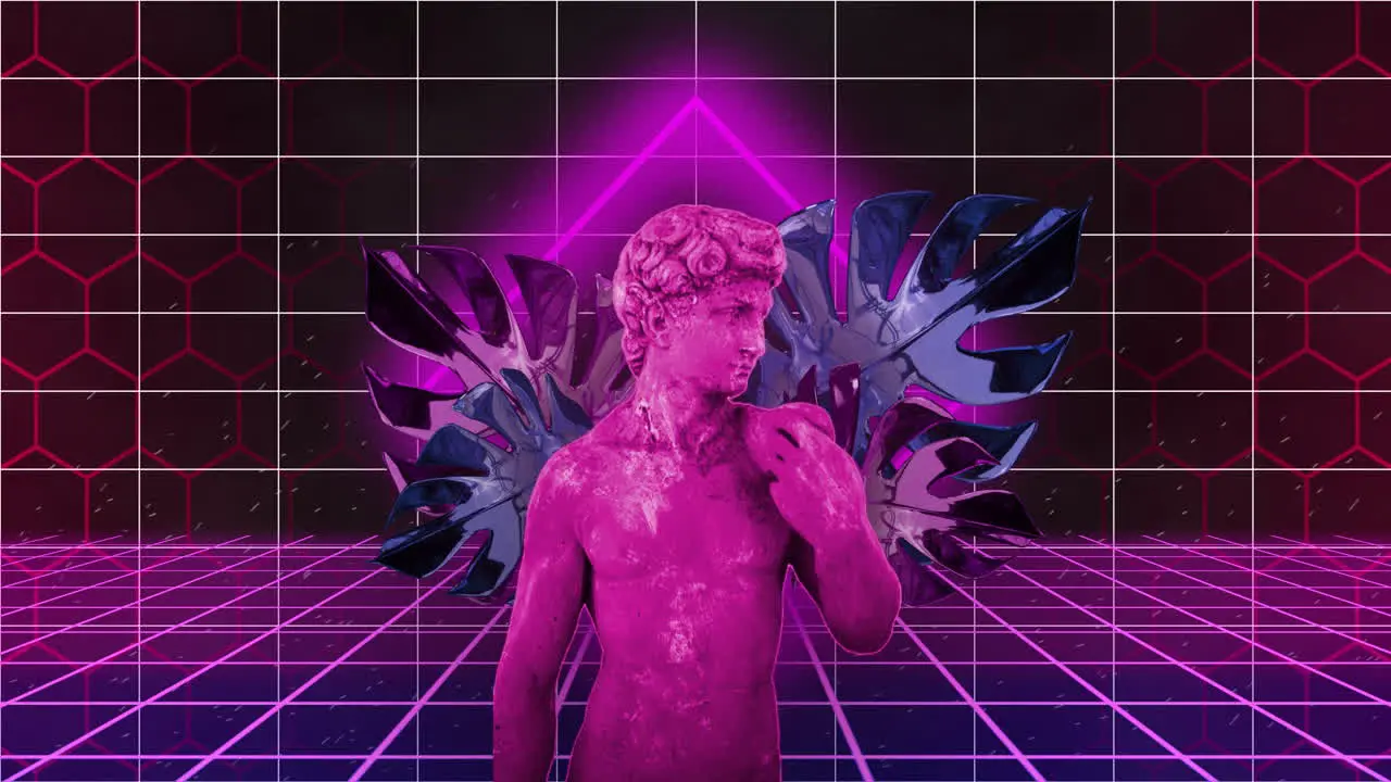 Animation of glitched male statue on leaves with grid pattern against abstract background