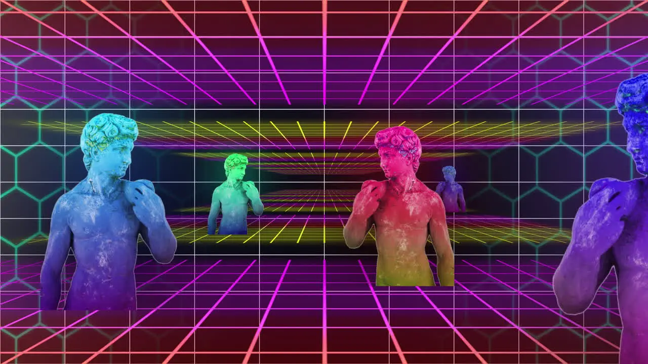 Animation of multicolored glitched male statues with grid pattern against abstract background