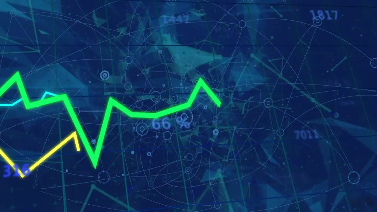 Animation of graphs with changing numbers connected dots geometric shapes on abstract background