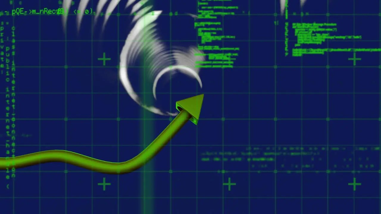 Animation of moving arrow in circular tunnel over computer language against abstract background