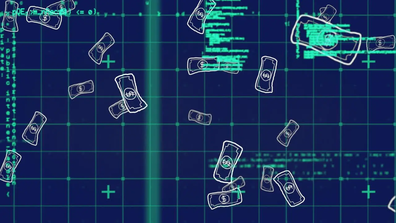 Animation of falling drawing of dollar bills and computer language over abstract background