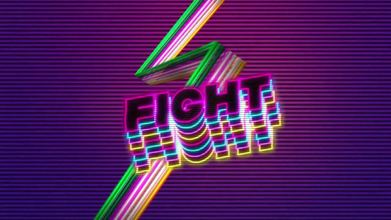 Animation of fight text fireworks and thunder symbols over abstract background