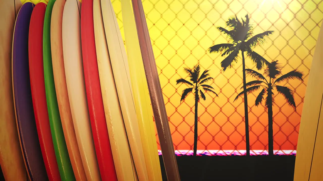 Closeup surfing boards and tropical leaves with summer background 7