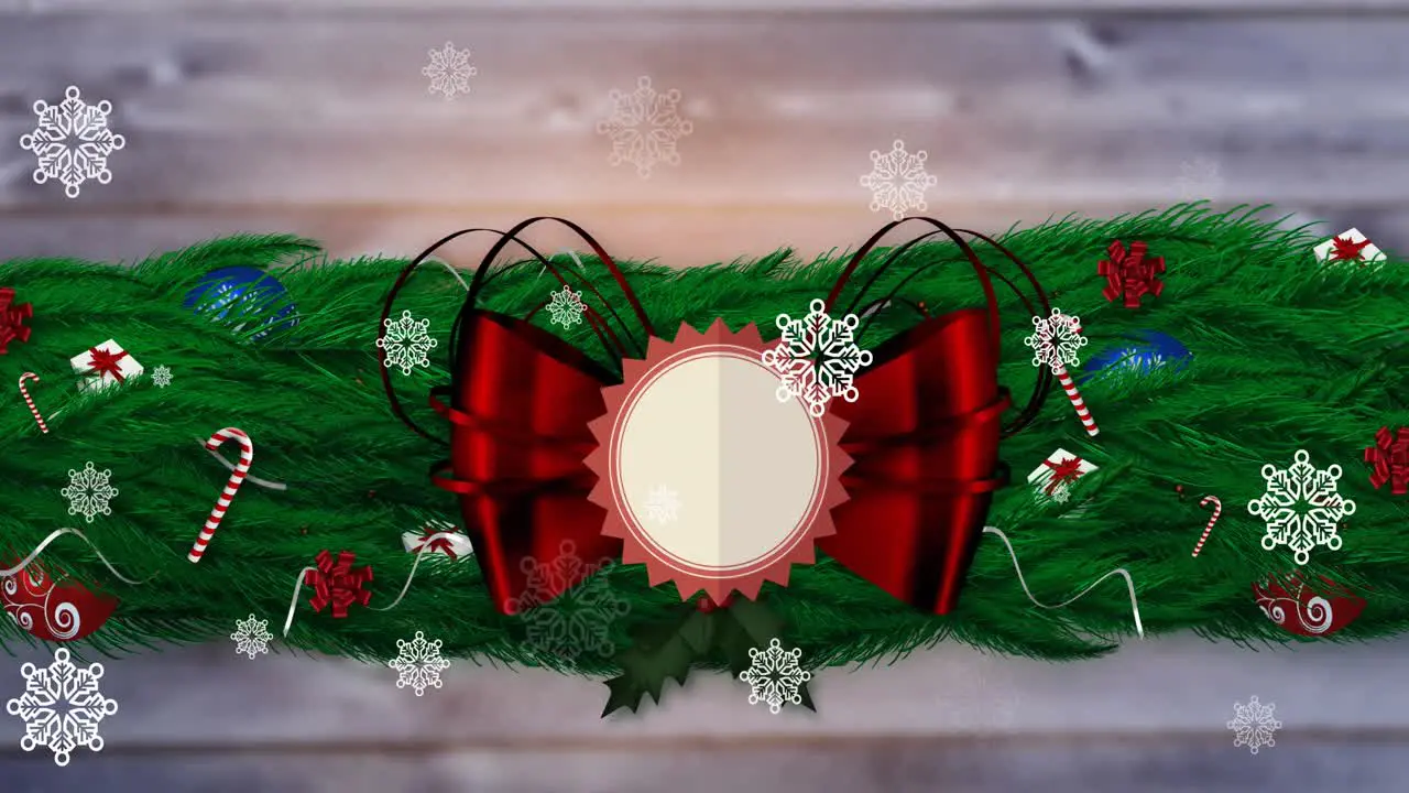 Animation of snowflakes falling over red ribbon banner with copy space and christmas decorations