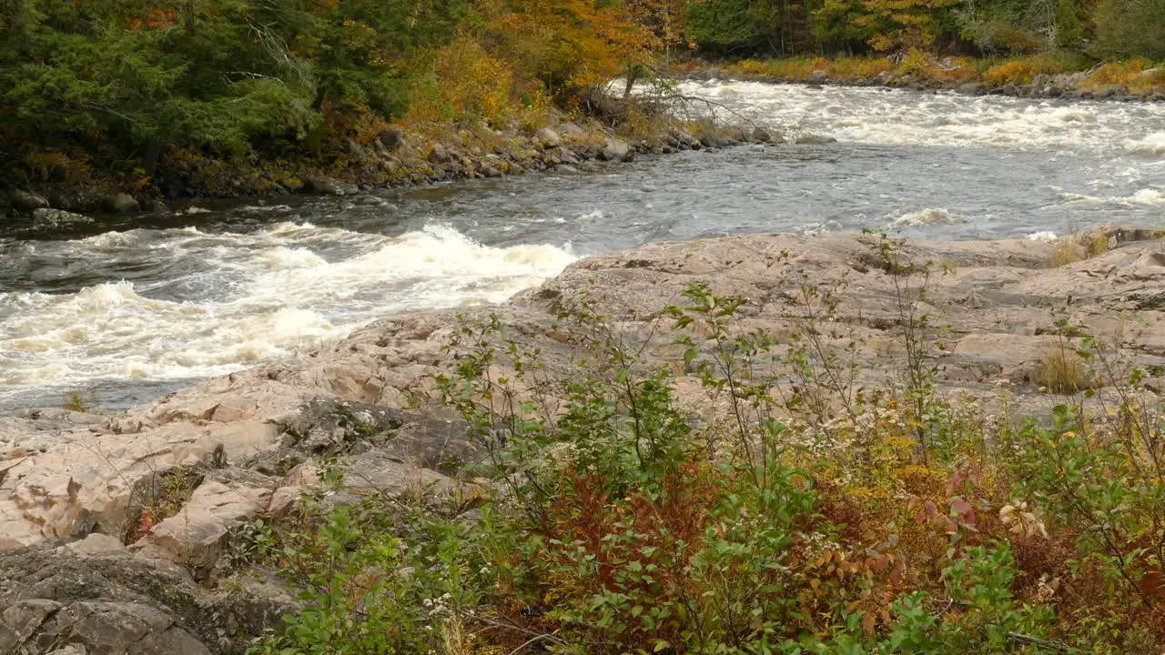 Pan up shot revealing powerful river making a natural shoulder in fall