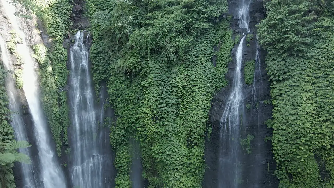 Aerial rises up beautiful waterfall with lush green foliage on cliff