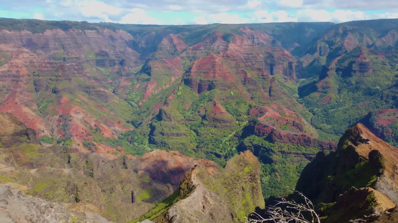 4K Hawaii Kauai pan left to right of Waimea Canyon ending with tourists in distance on a lookout point