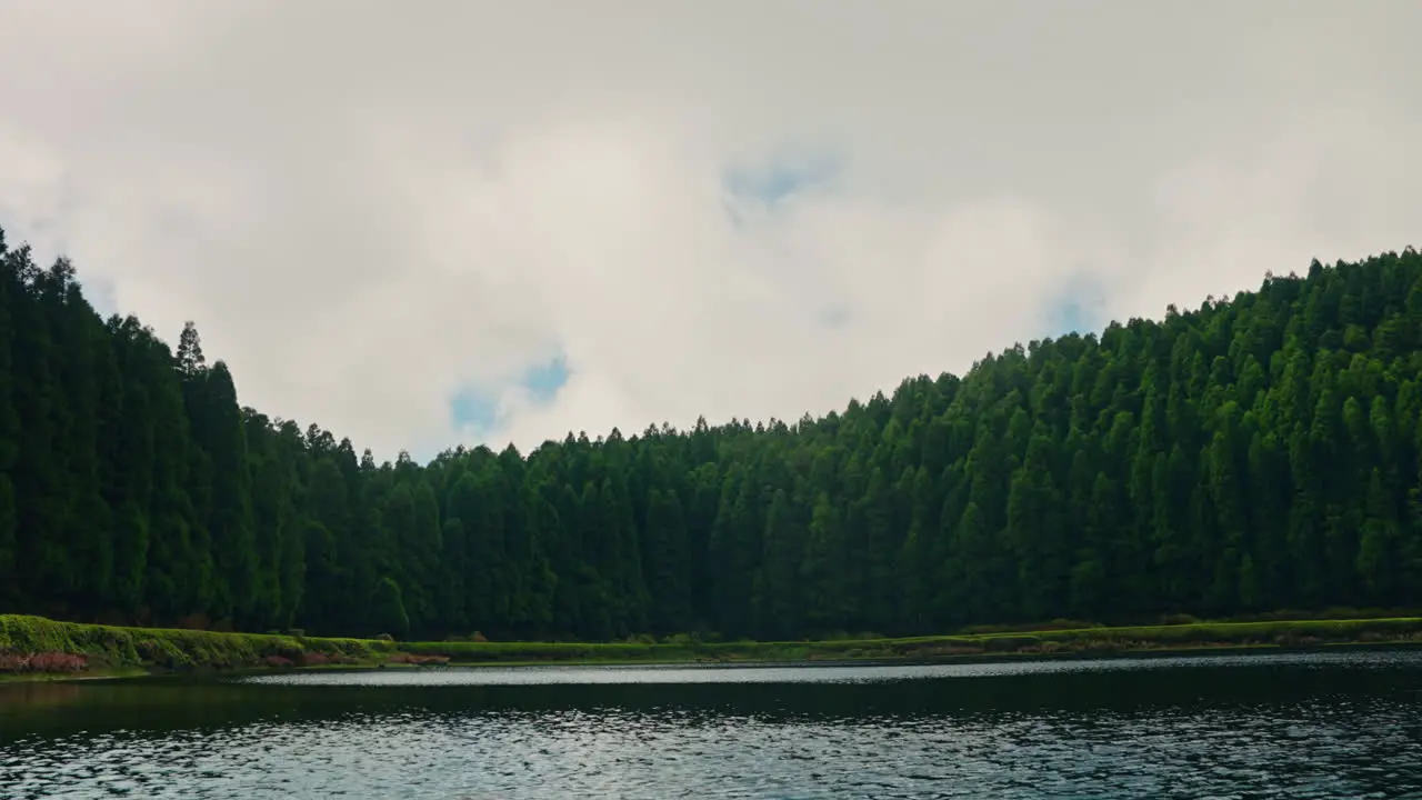 Time lapse over mountain lake surrounded by green high pines