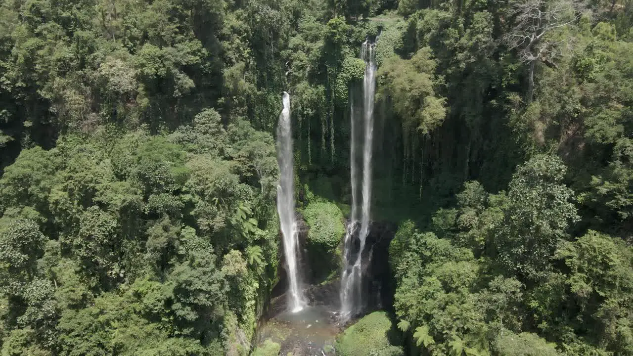 Aerial approaches Sekumpul waterfall flowing out of jungle cliff Bali