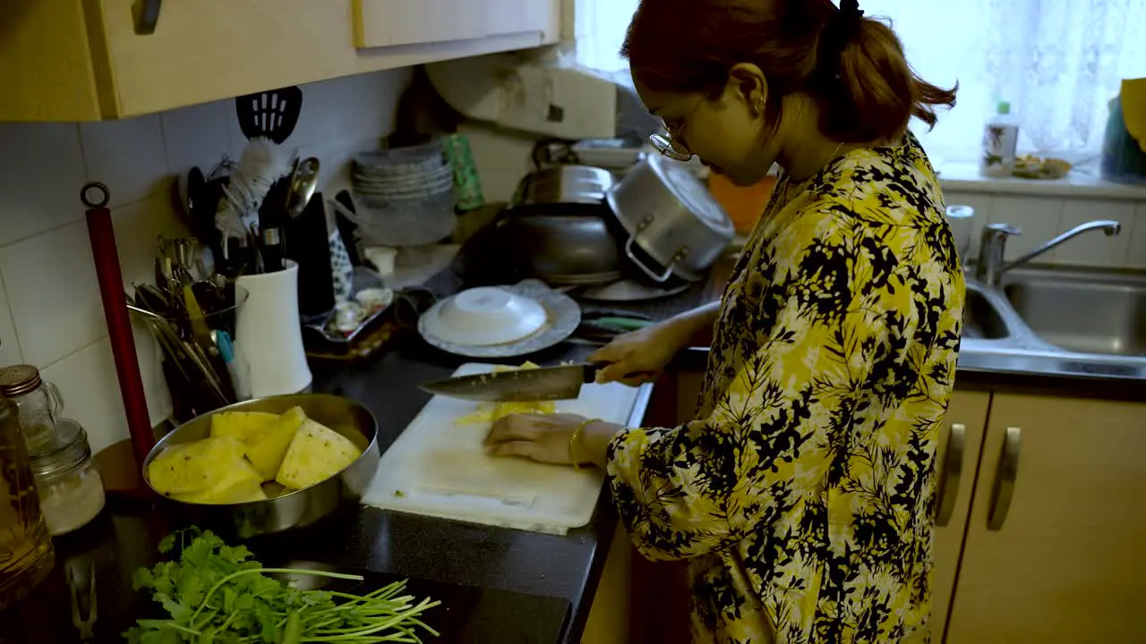 A woman cooks in her home kitchen for dinner