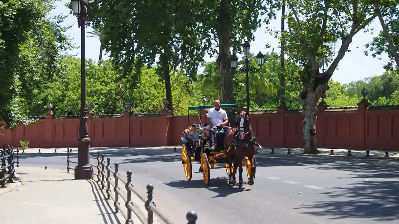 4k Video of Tourists ride on the horse and carriages while visiting The Plaza de España in the Parque de María Luisa southern Spain