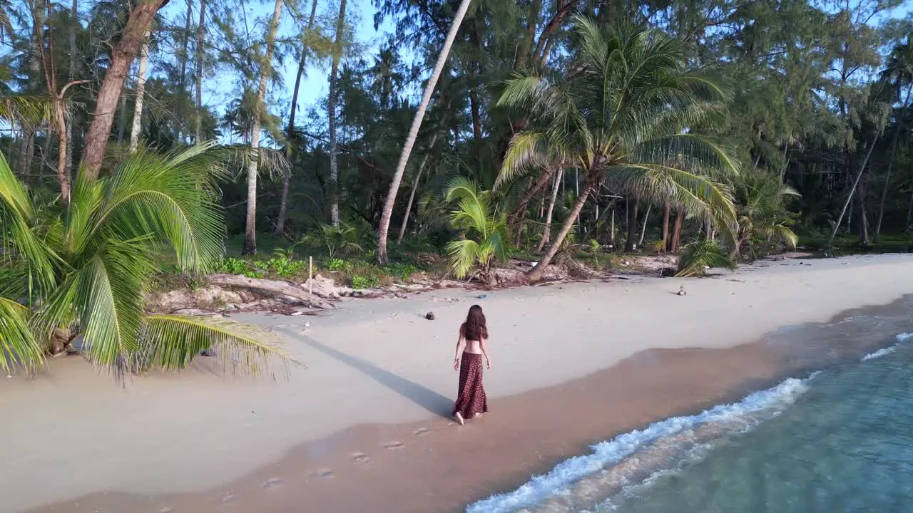 Woman from behind walking alone with long skirt through waves on paradise beach