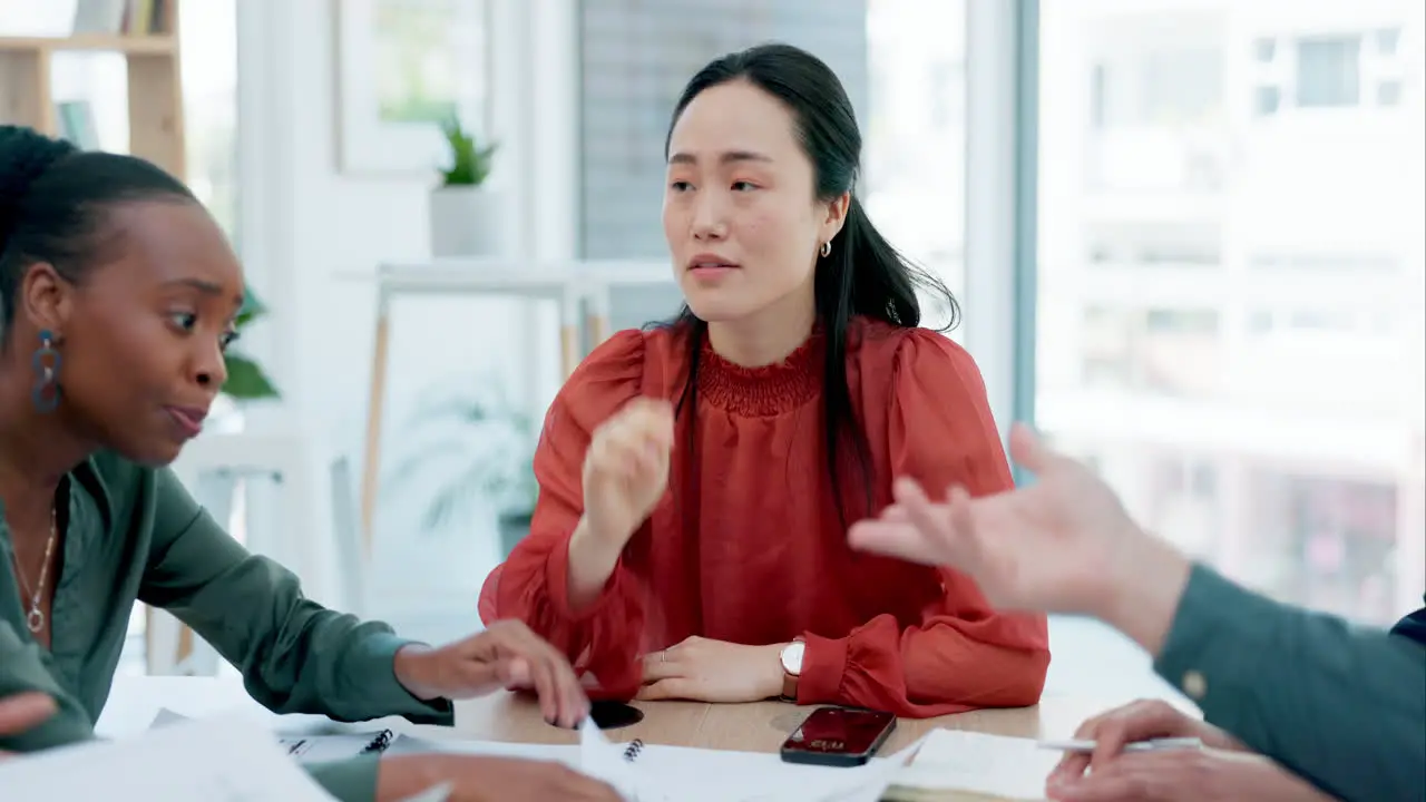 Office chaos and asian woman with headache