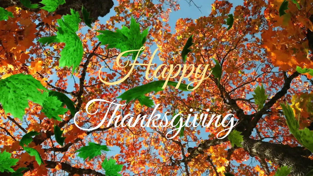 Animation of green leaves and happy thanksgiving text over low angle view of trees against sky