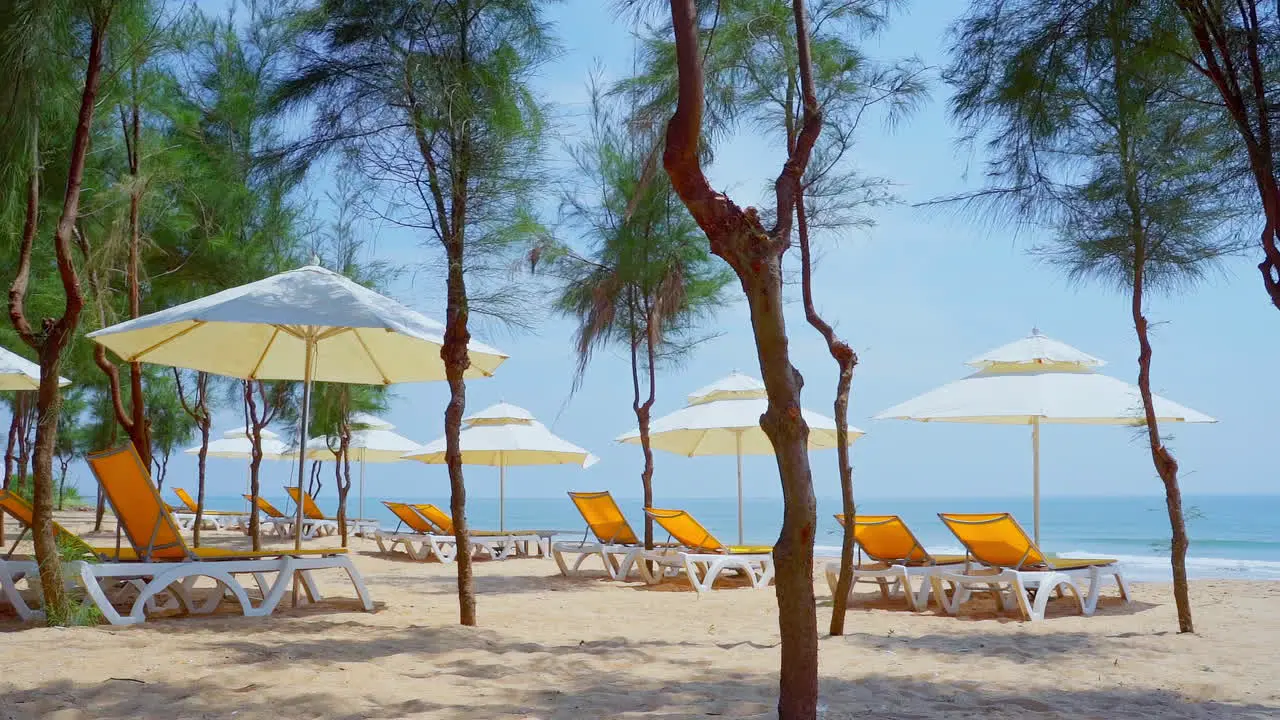 Natural sand tropical beach and sea wave with yellow beach bench under white parasol umbrella and trees on tropical island beach