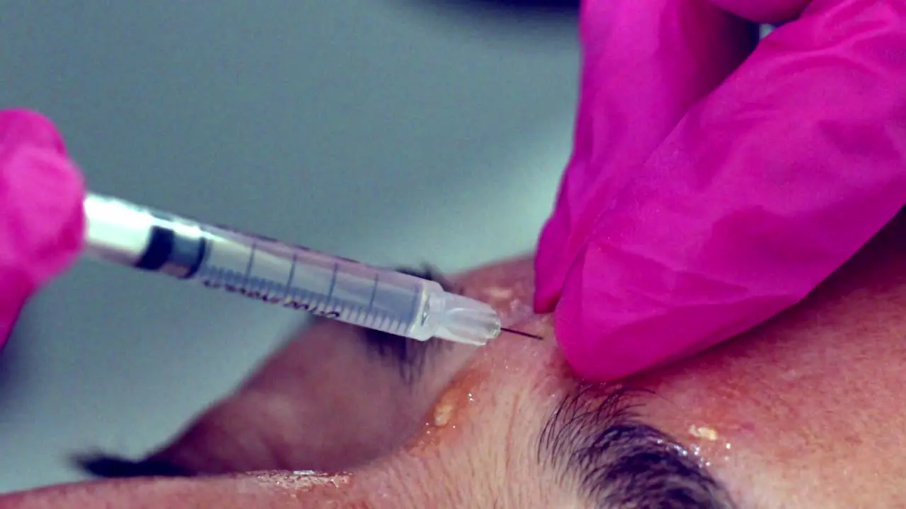 Close up slow motion of a woman receiving Botox injections