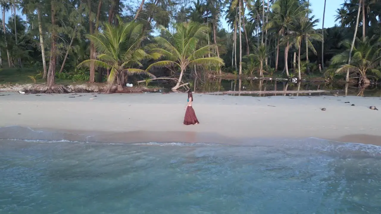 Woman walking with long skirt alone abandoned on a lonely natural beach