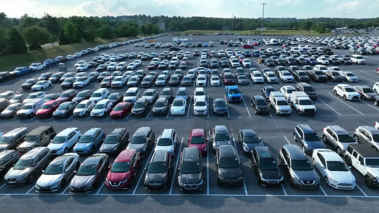 Aerial truck shot of vehicles parked in Manheim Auto Auction parking lot