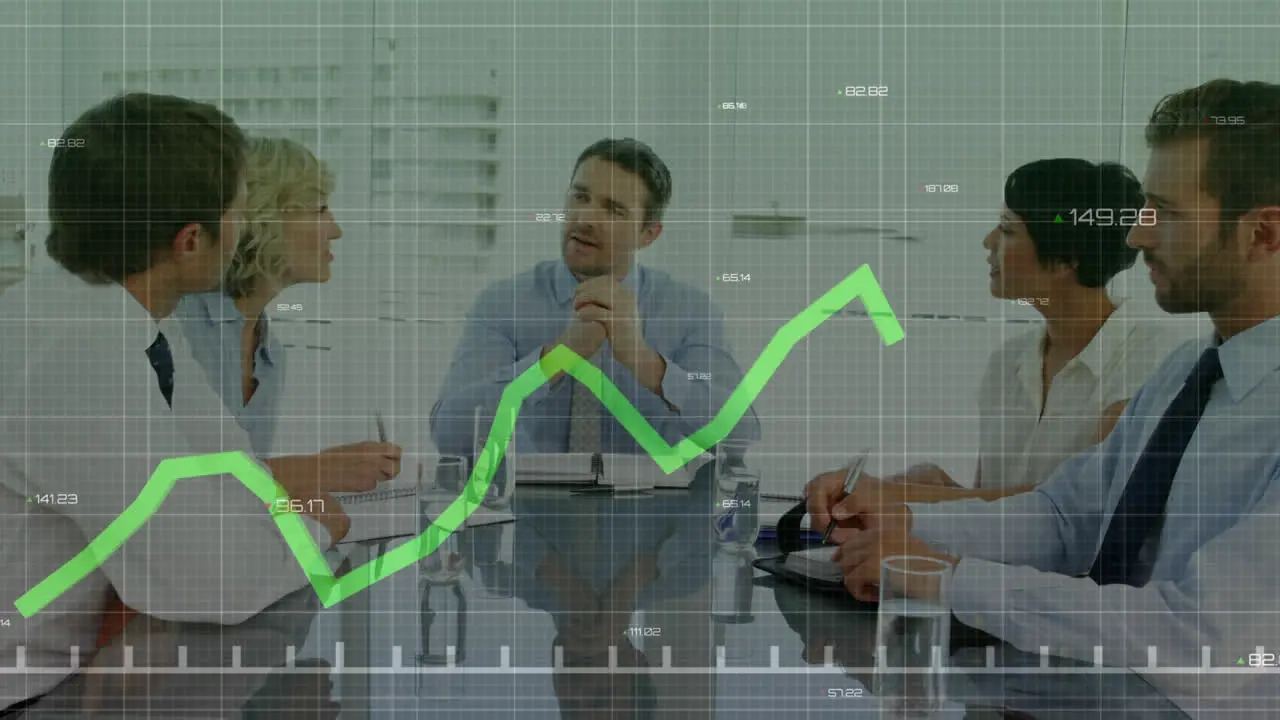 Animation of numbers green color graph over multiracial coworkers discussing in meeting room