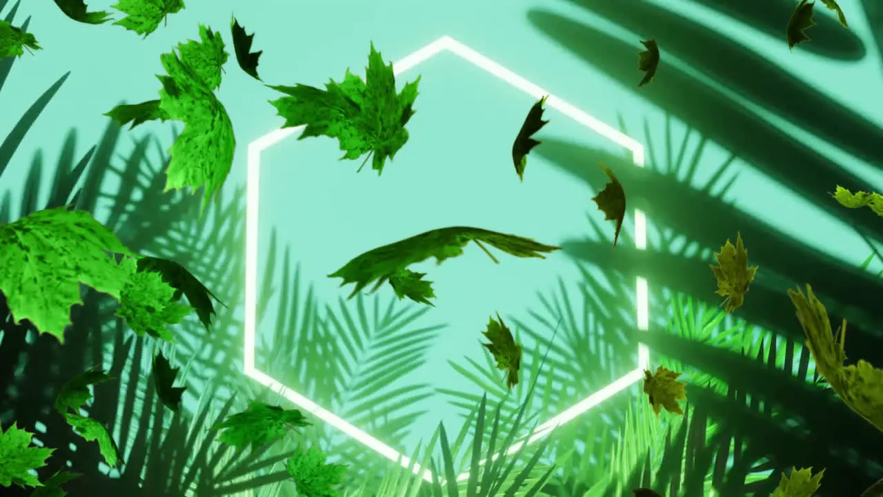 Animation of green leaves blowing over white neon hexagon in jungle with blue sky