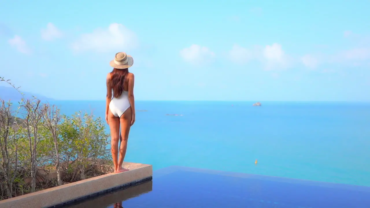 Back View of Exotic Woman in Swimsuit and Heavenly Scenery Infinity Pool Blue Caribbean Horizon in Sunny Day Full Frame