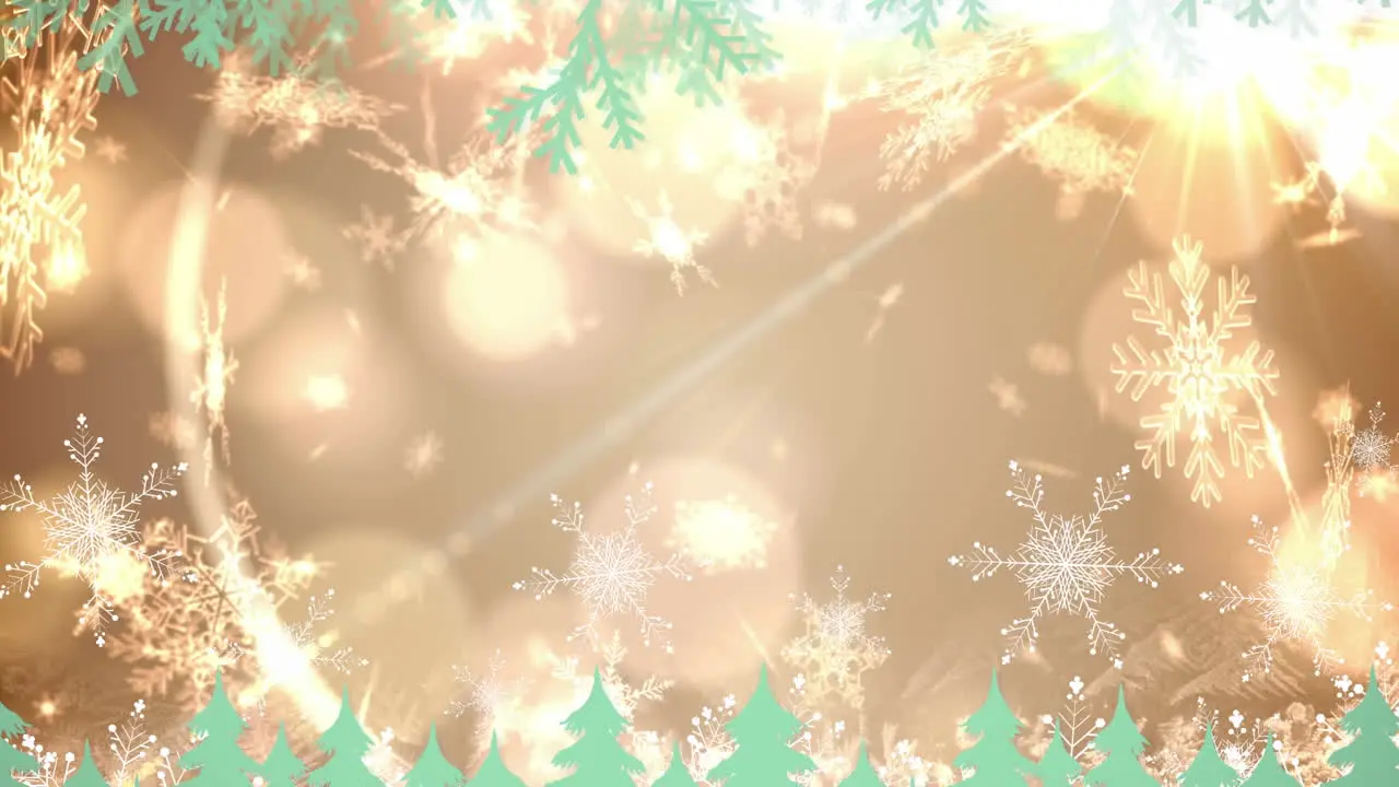 Animation of snowflakes falling over green tree tops and bokeh white lights