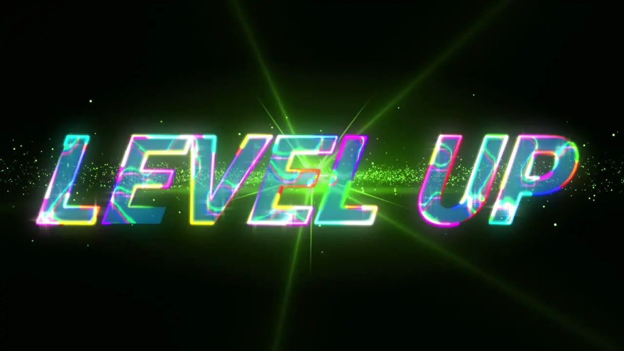 Animation of glowing level up text over green light and shape