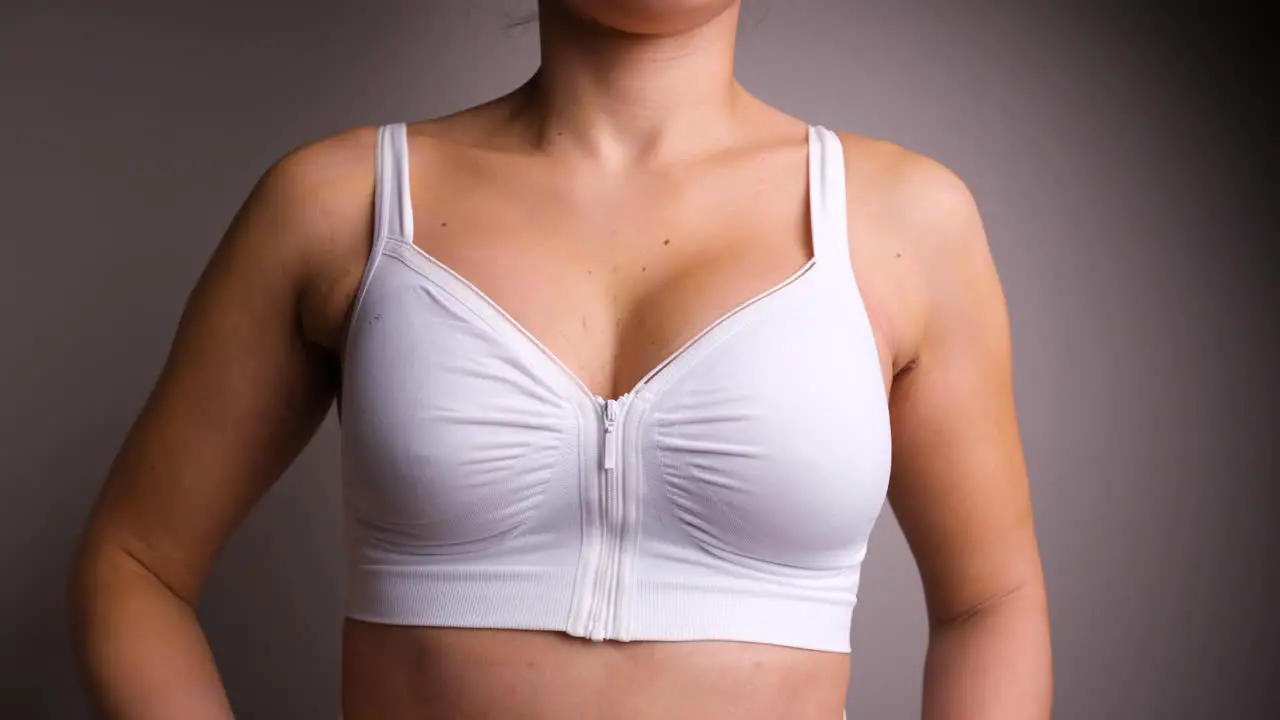 Cropped Portrait Of A Woman With Scar Under Armpit Wearing Breast Augmentation Bra After Surgery