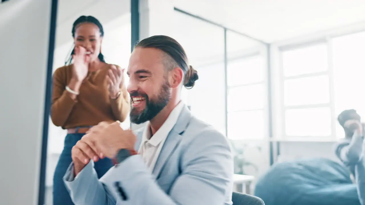 Success business people and high five on computer