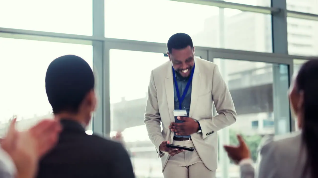 Presentation meeting and applause for businessman