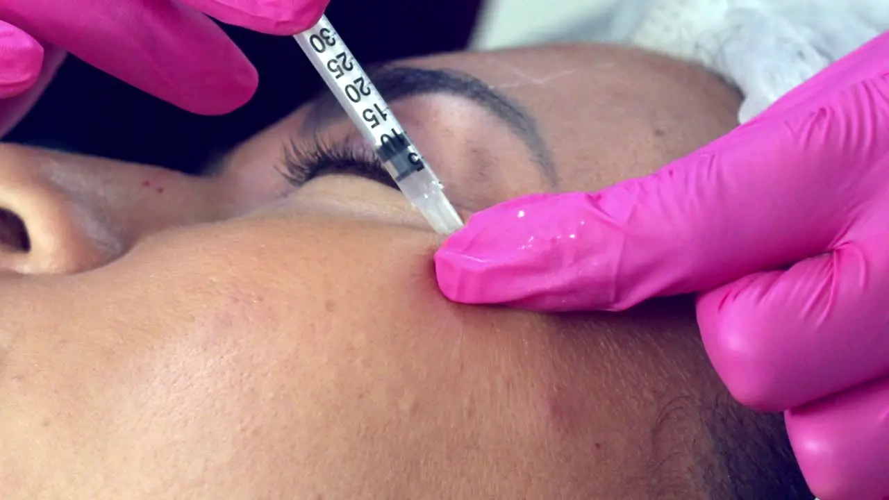 Hispanic woman getting Botox injection around her eye