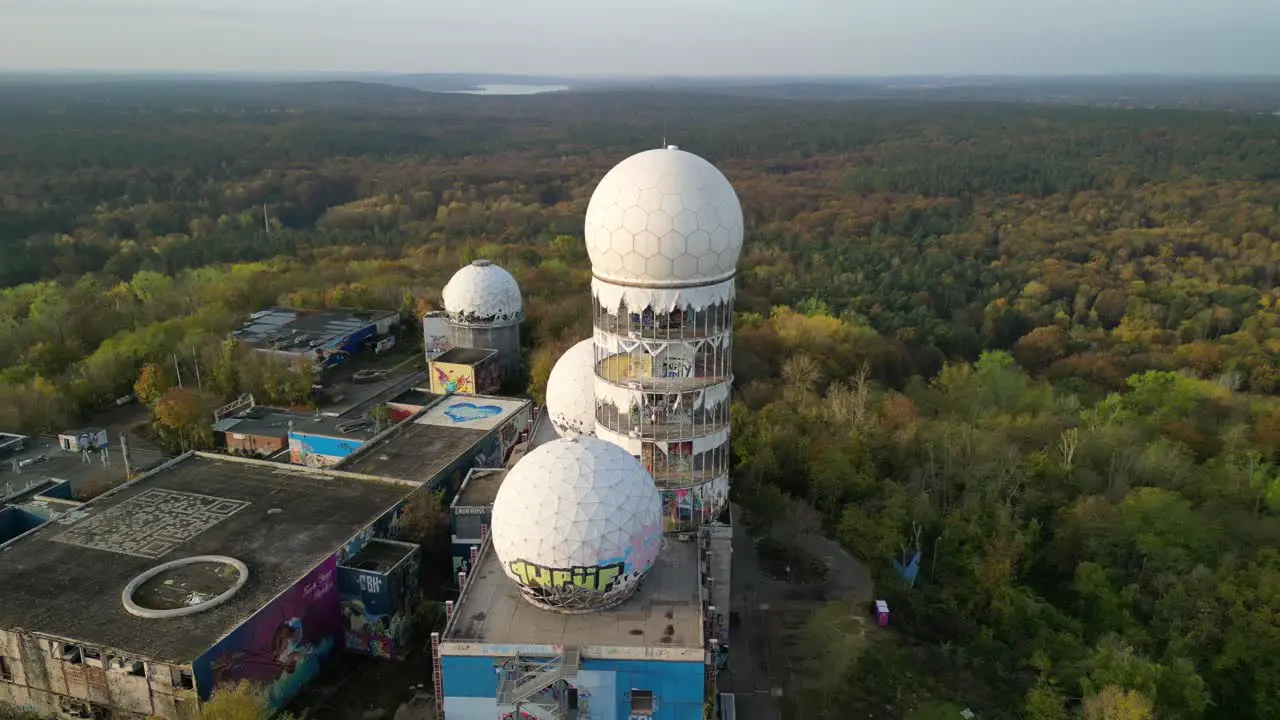 Great aerial view flight tracking shot from above drone
autumn forest Radom at morning sunrise devil's mountain in woods berlin October 2022