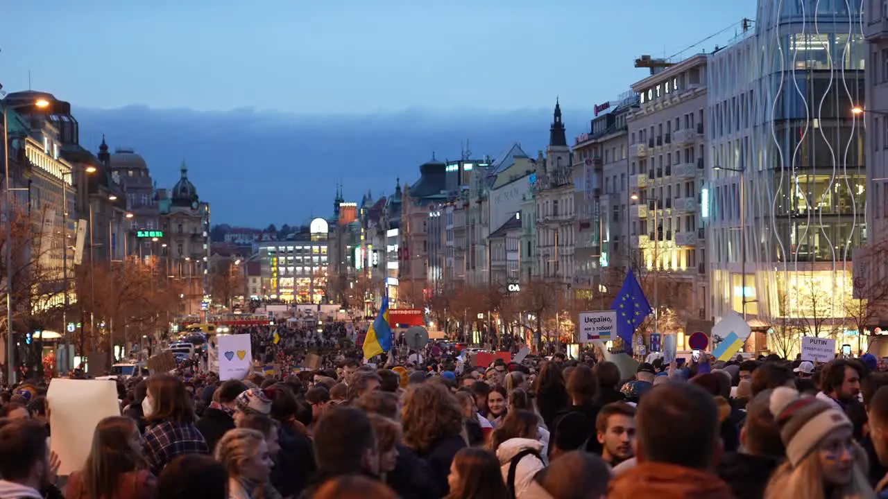 Thousands of People Protest Against War in Ukraine and Russian Military Actions on Vaclavske Namesti Square in Center of Prague Czech Republic