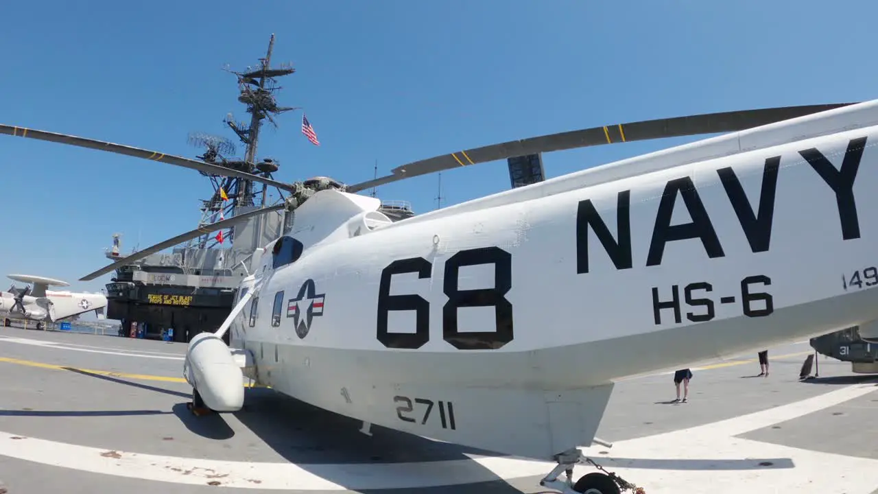 US Navy helicopter displayed on flight deck of the USS Midway Museum