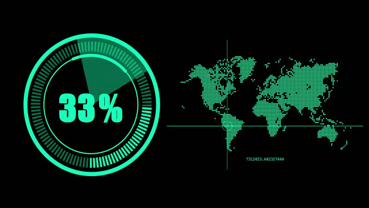 HUD green monitor target aiming point moving around world map continents with progress display futuristic world geographic target network planning footage concept