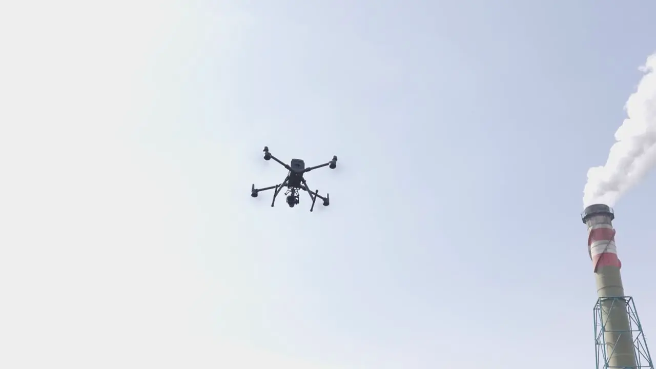 Industrial Big Drone Flying on Industrial Plant Cinematic Slow Motion Shot