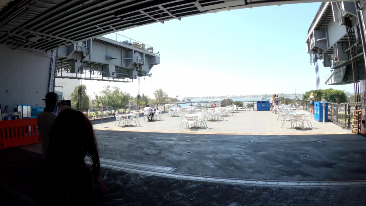 Tourists entering flight deck of the USS Midway Museum in downtown San Diego