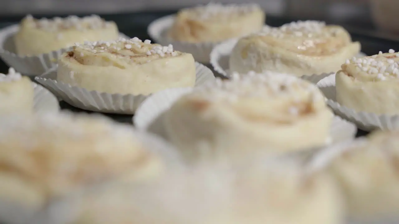 Medium slide shot of cinnamon buns on a tray