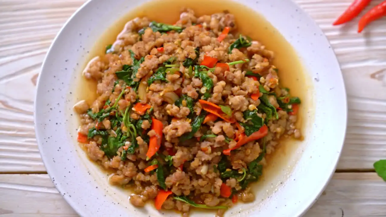 Stir fried Thai basil with minced pork and chilli Thai local food style