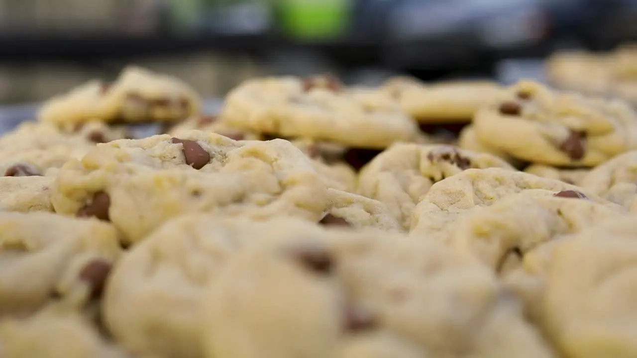 Rack Focus of Moist Delicious Chocolate Chip Cookies on Platter Closeup